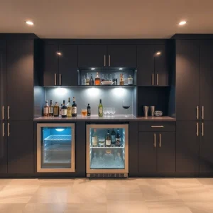Modern basement wet bar with sleek design and elegant barware