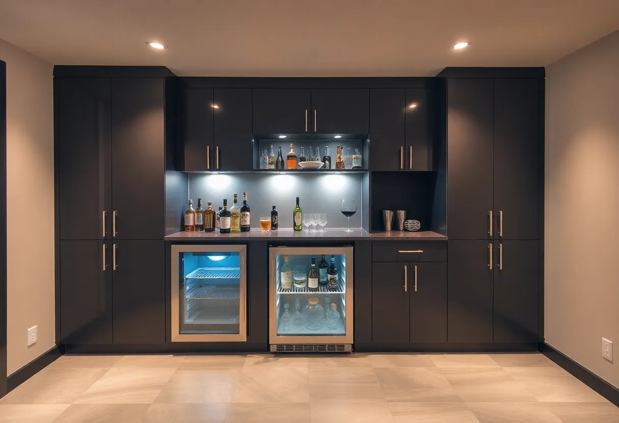 Modern basement wet bar with sleek design and elegant barware