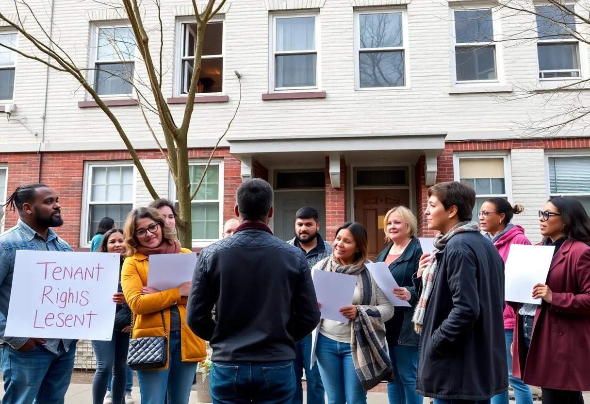 Community members discussing tenant rights in front of a housing building.