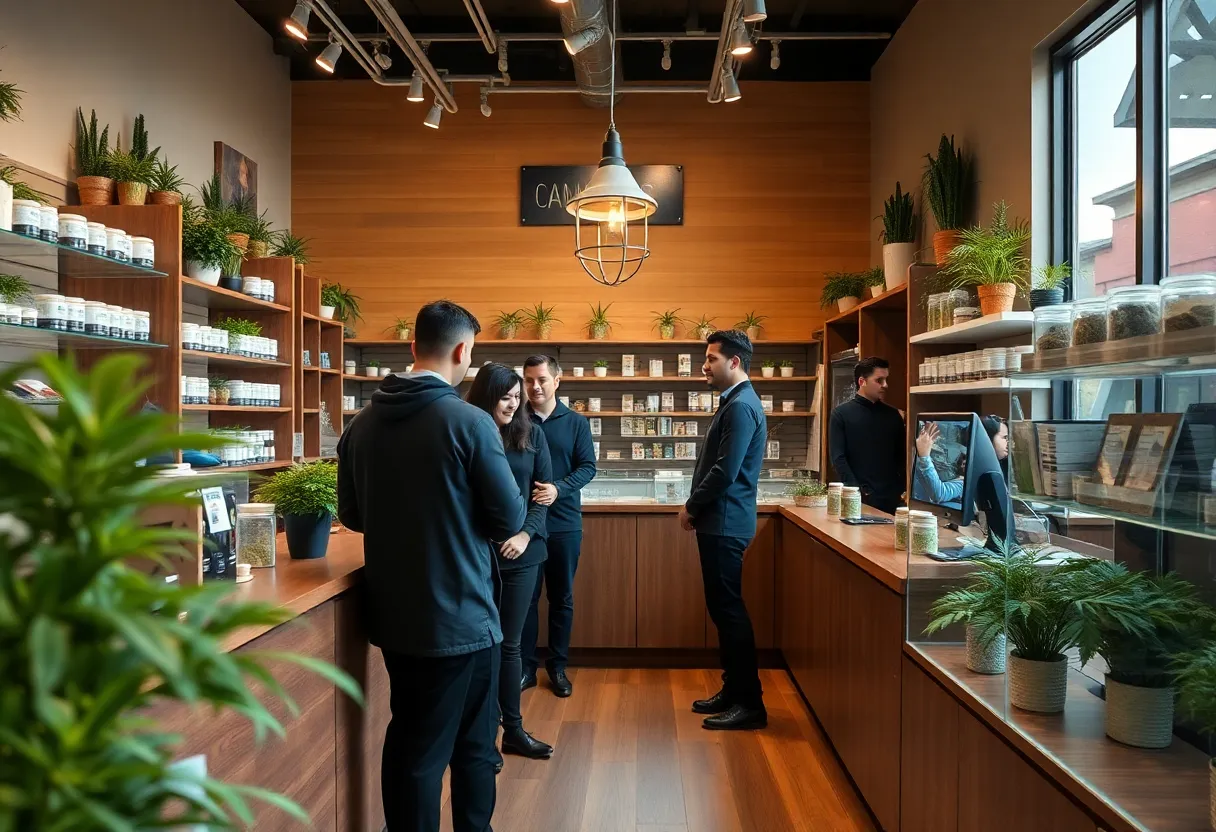 Interior of Timber Cannabis dispensary showing employees interacting with customers.
