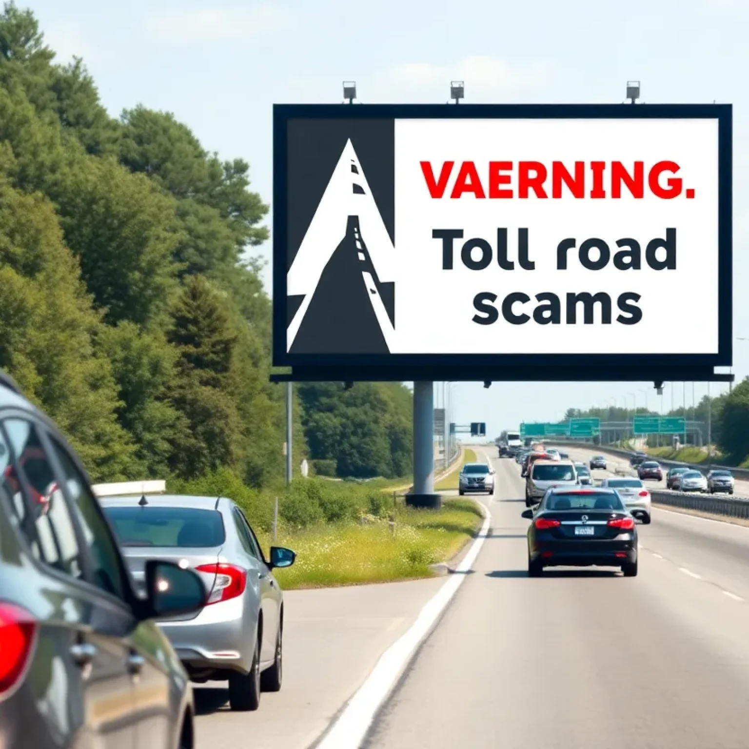 Billboard warning about toll road scams on a highway