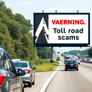 Billboard warning about toll road scams on a highway