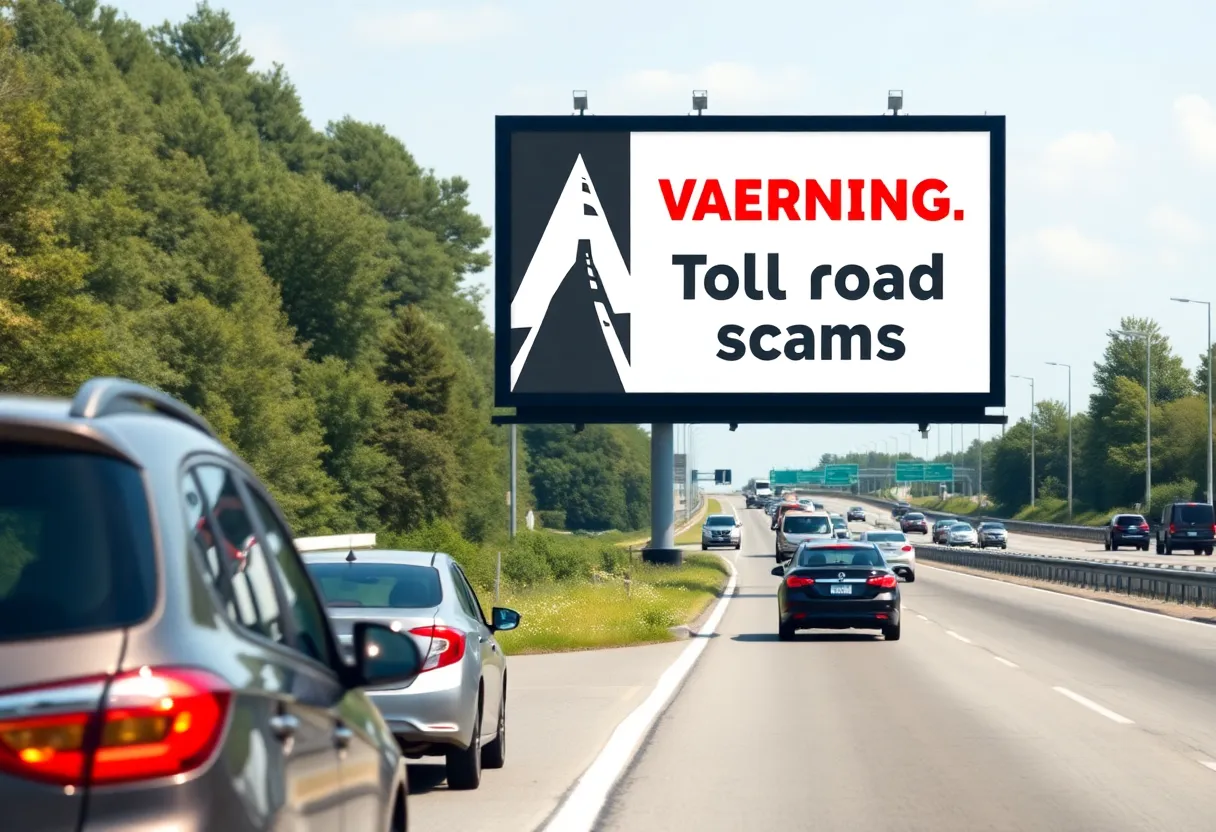 Billboard warning about toll road scams on a highway