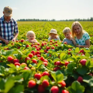 Families picking strawberries in a lush Michigan field