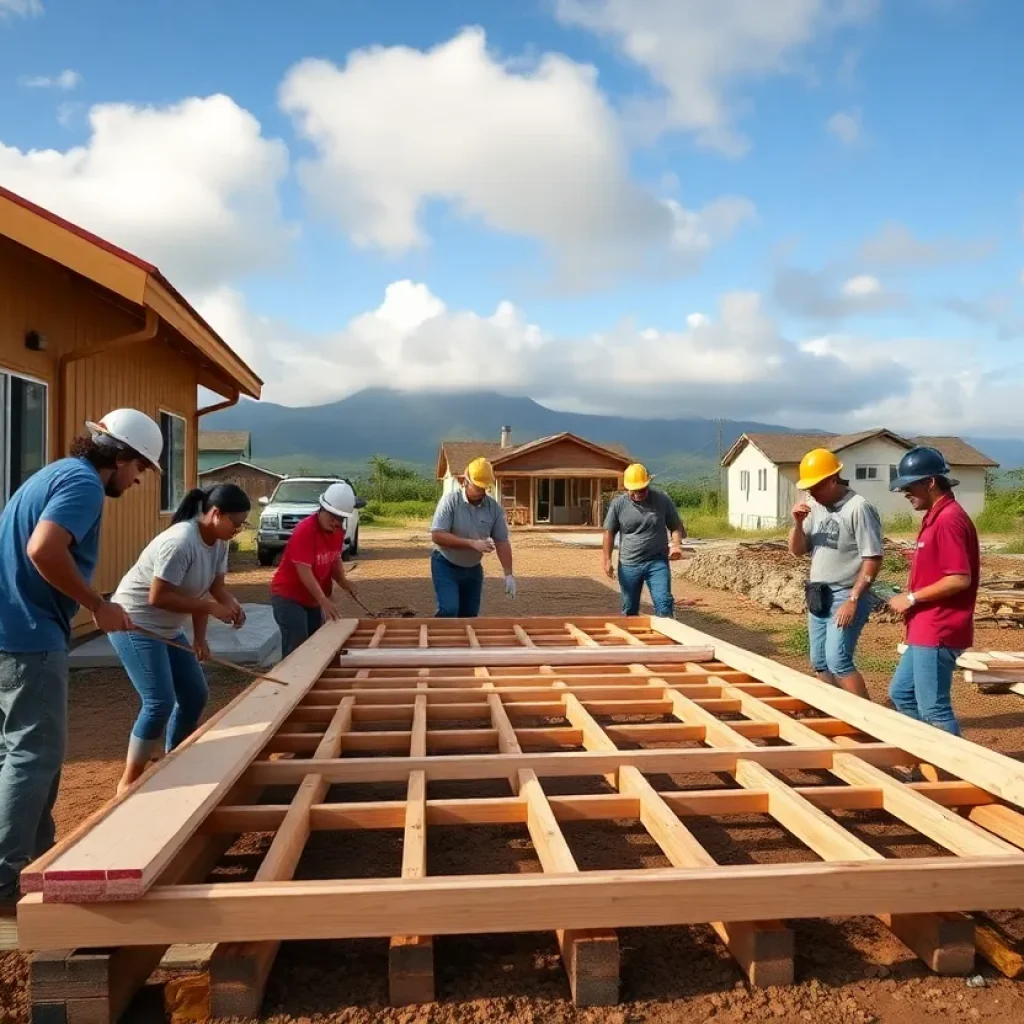 Volunteers engaged in homebuilding activities in a wildfire affected community.