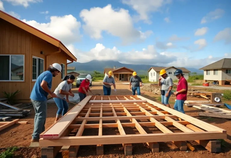 Volunteers engaged in homebuilding activities in a wildfire affected community.