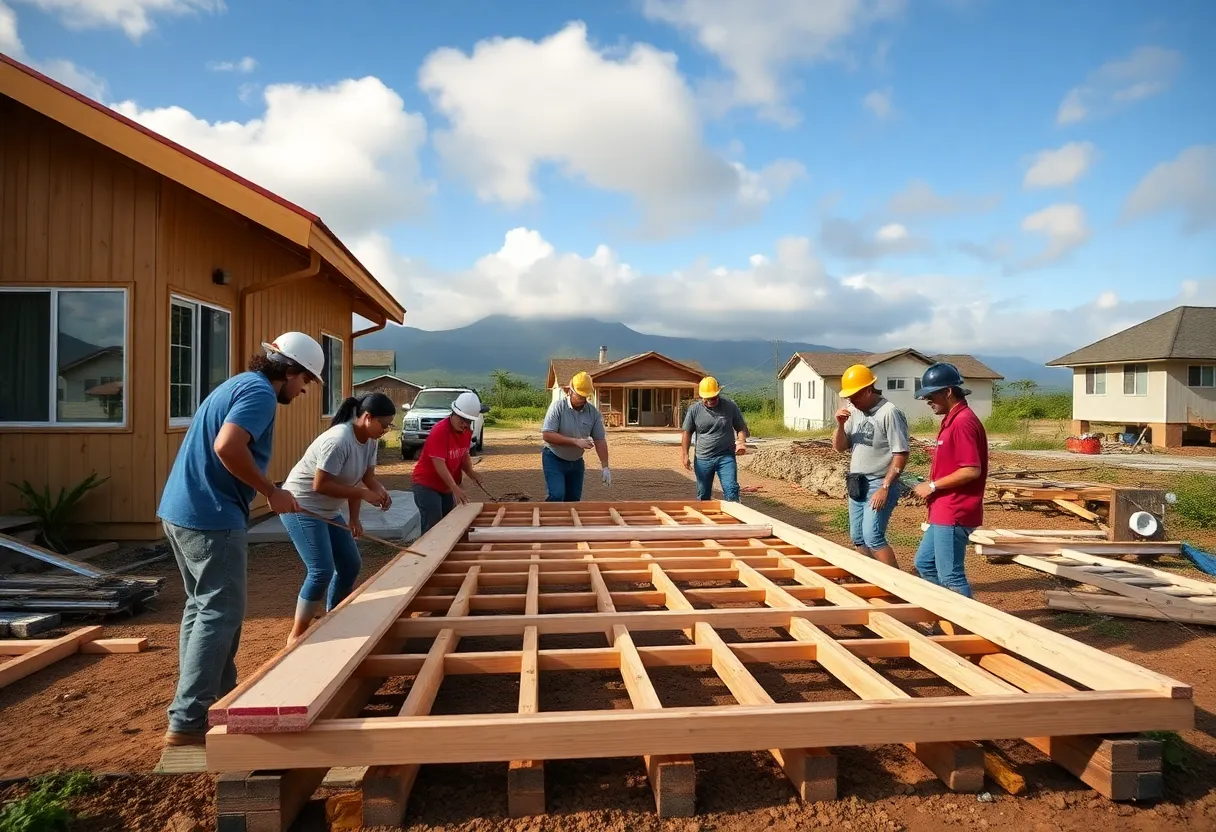 Volunteers engaged in homebuilding activities in a wildfire affected community.