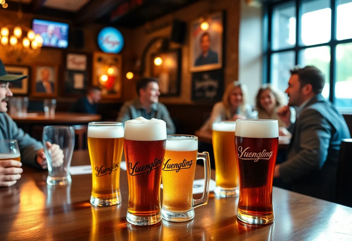 Friends enjoying Yuengling beer in a pub setting