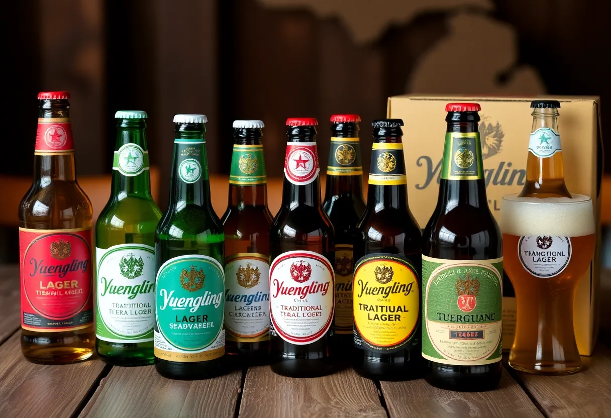 Variety of Yuengling beer products displayed on a wooden table with Michigan scenery in the background.
