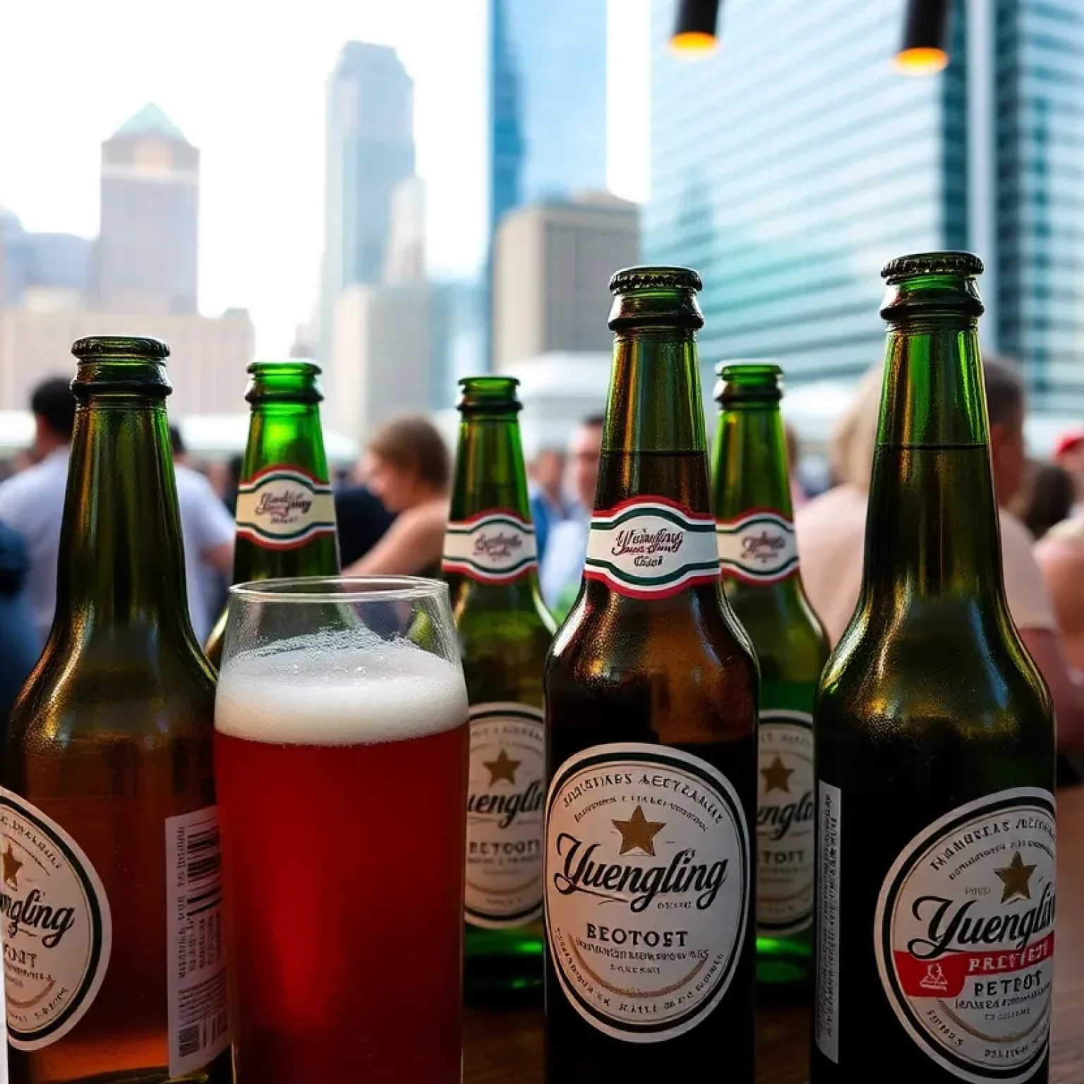 Yuengling beer bottles displayed in a Detroit bar setting