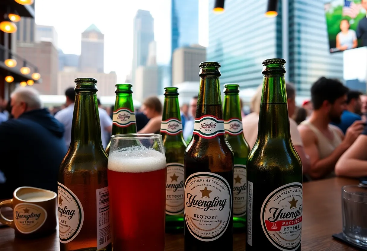 Yuengling beer bottles displayed in a Detroit bar setting