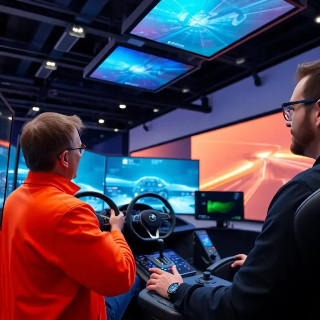 Engineers interacting with dynamic driving simulators at the Zero Prototypes Day.