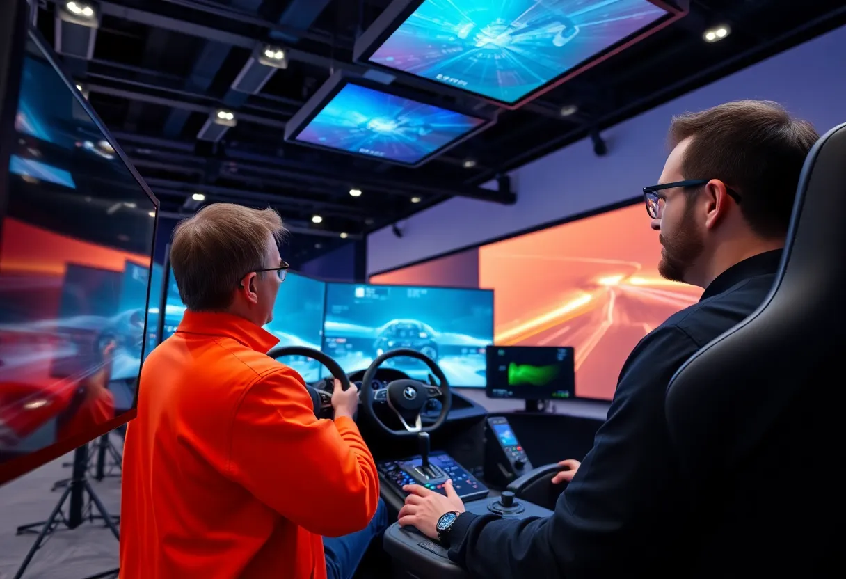 Engineers interacting with dynamic driving simulators at the Zero Prototypes Day.