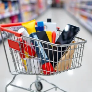 Shopping cart with colorful products and digital devices.