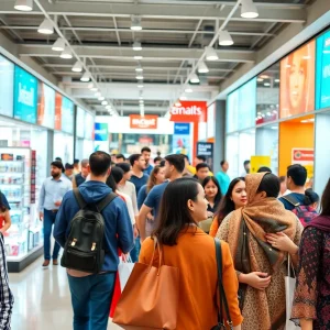 A lively retail scene depicting consumers shopping amid vibrant displays.