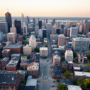 Aerial view of Detroit showing urban development