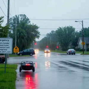 Heavy rainfall causing flood conditions in Southeast Michigan streets.