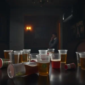 An empty fraternity house with beer cups, representing fraternity hazing issues