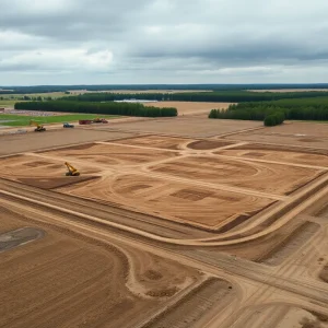 Aerial view of Michigan land designated for a semiconductor manufacturing facility.