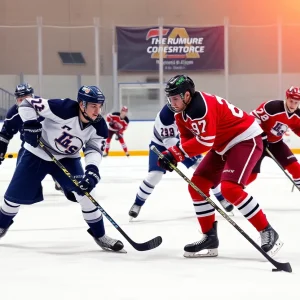 Michigan State hockey players competing on the ice during a college game.