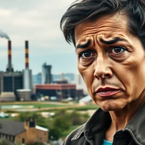 Symbolic representation of unemployment in Michigan with a factory and a concerned person.