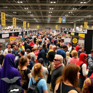 Fans enjoying the Motor City Comic Con with colorful booths and costumes.