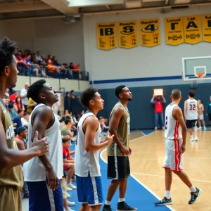 Basketball players in action during a Summer League game.