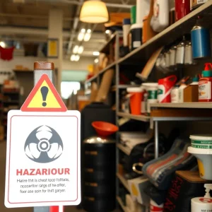 Warning sign at MSU Surplus Store regarding hazardous pens