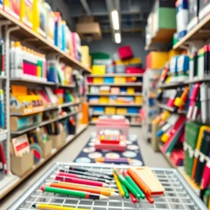 Interior of MSU Surplus Store with school supplies and pens