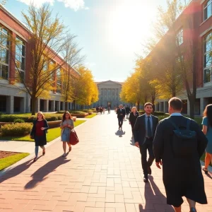 Campus view of Murray State University filled with students