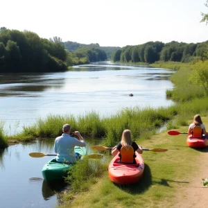 Students engaging in recreational activities by the Red Cedar River