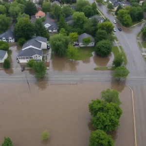 Aerial view of flood damage in Southeast Michigan with submerged vehicles