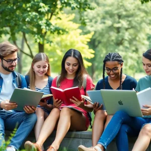 College students studying outdoors during summer