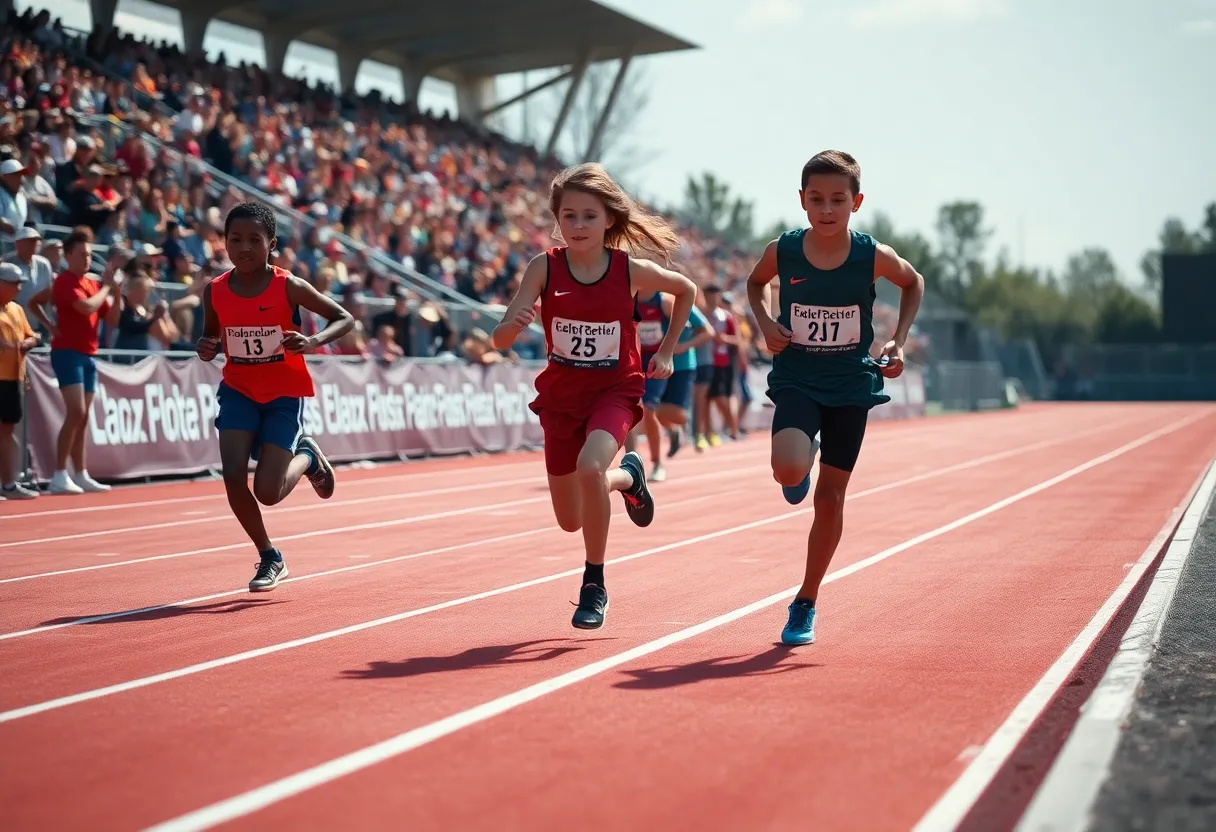 Young athletes racing in a track and field competition