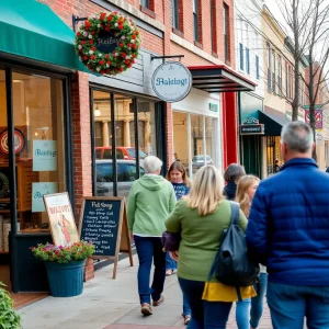 A lively downtown area in West Michigan with small businesses and community members enjoying the atmosphere.