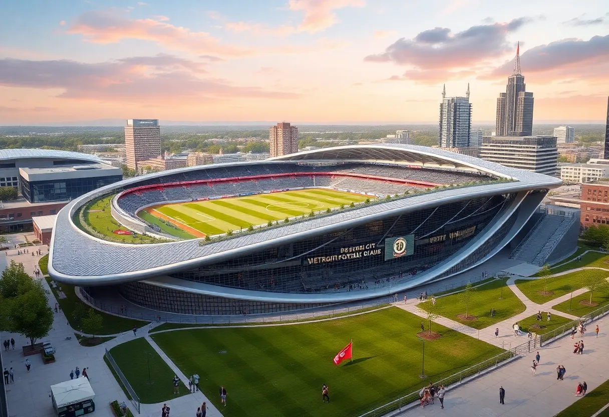 Concept image of AlumniFi Field stadium in Corktown, Detroit