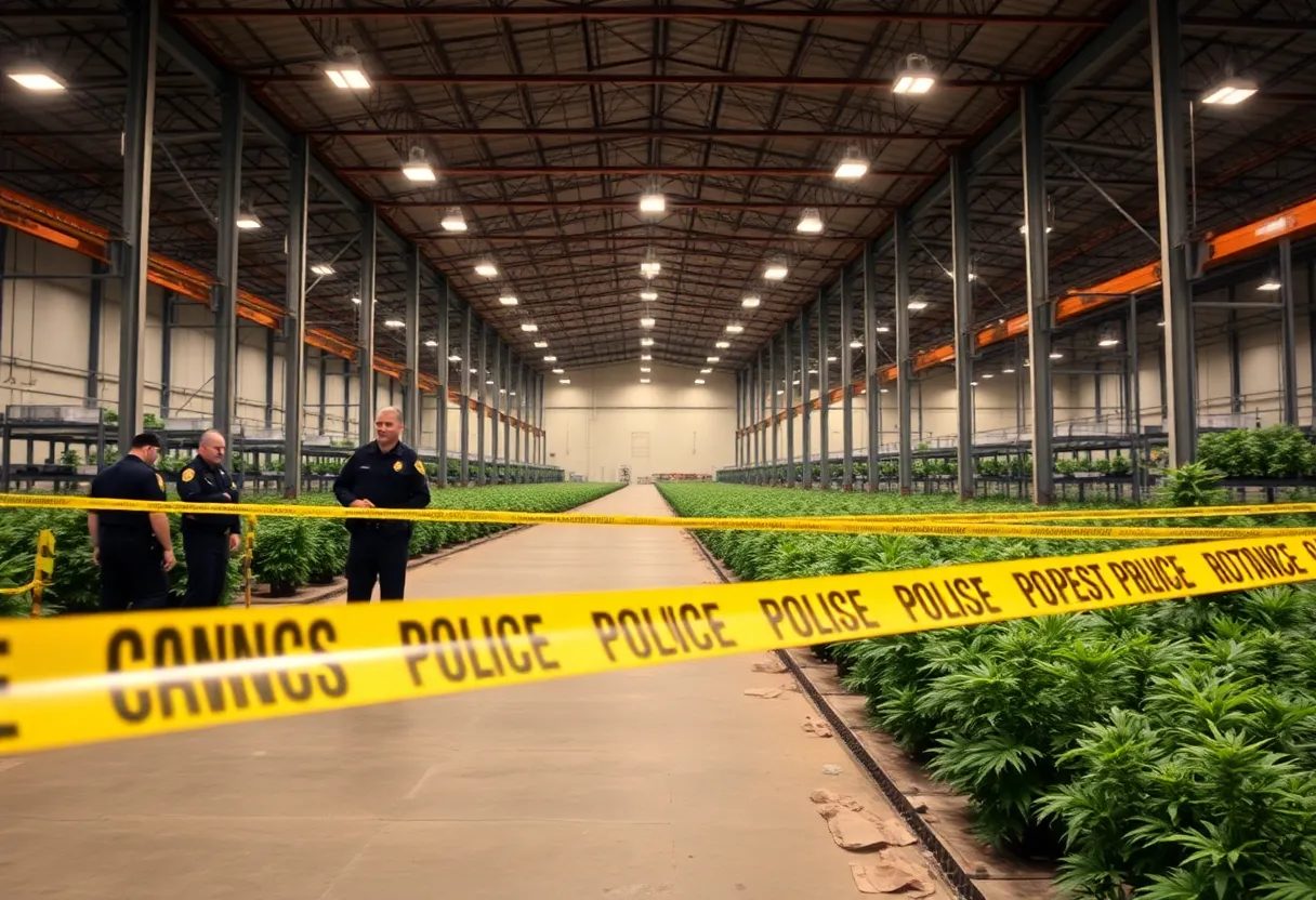 Law enforcement officials conducting a raid on an illegal marijuana facility