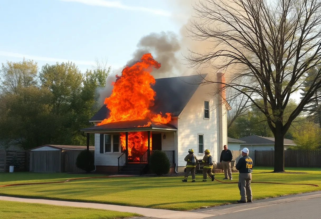 Firefighters combating a house fire in Battle Creek, smoke billowing from the roof.