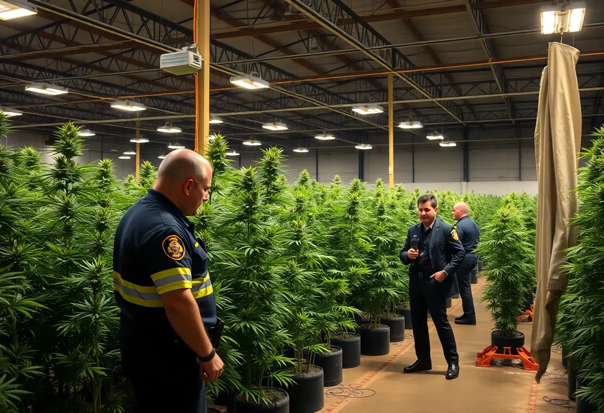 Law enforcement inspecting cannabis plants at an unlicensed grow operation