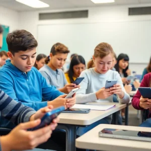 Students in a classroom using electronic devices