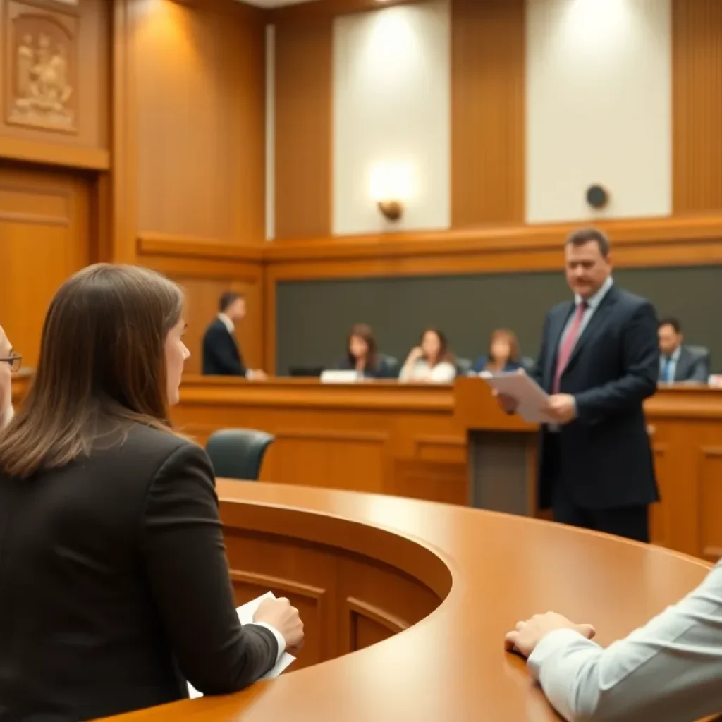 A courtroom with a lawyer presenting a case.