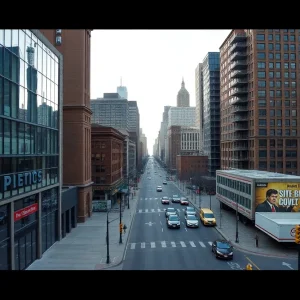 Downtown Detroit with signs of economic fluctuation.