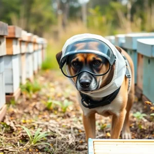 A specially trained dog wearing protective equipment in a bee yard.