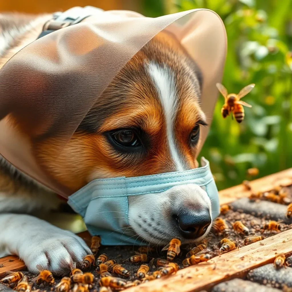 A trained dog in protective gear sniffing near a beehive