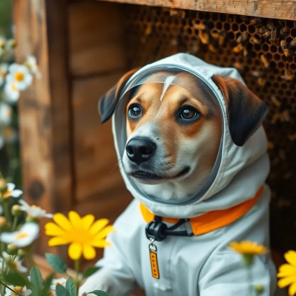 Trained dog in protective gear near beehive