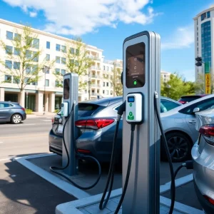 A busy electric vehicle charging station with multiple chargers and parked cars.