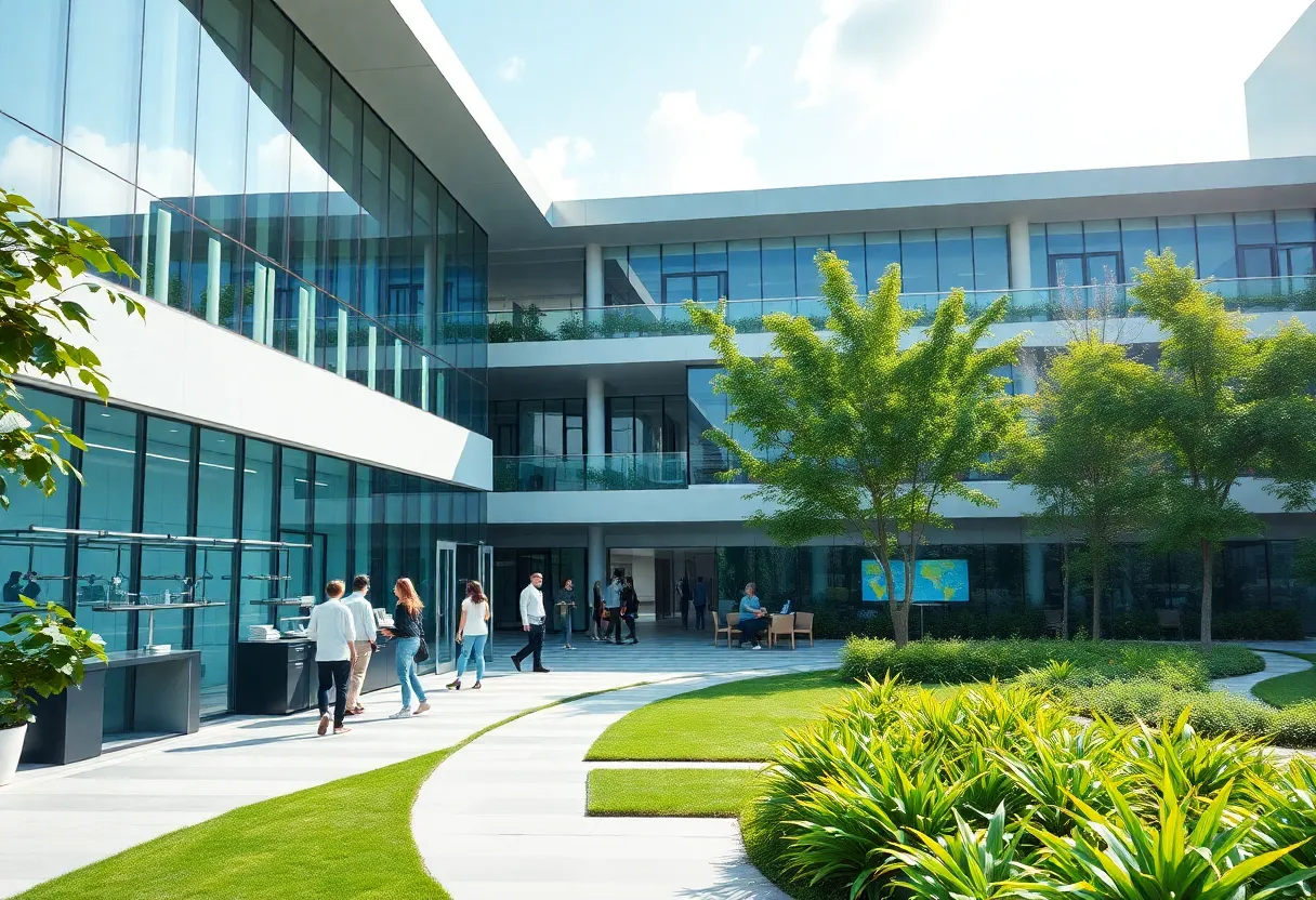 Aerial view of the Ellison Institute of Technology campus with researchers collaborating.