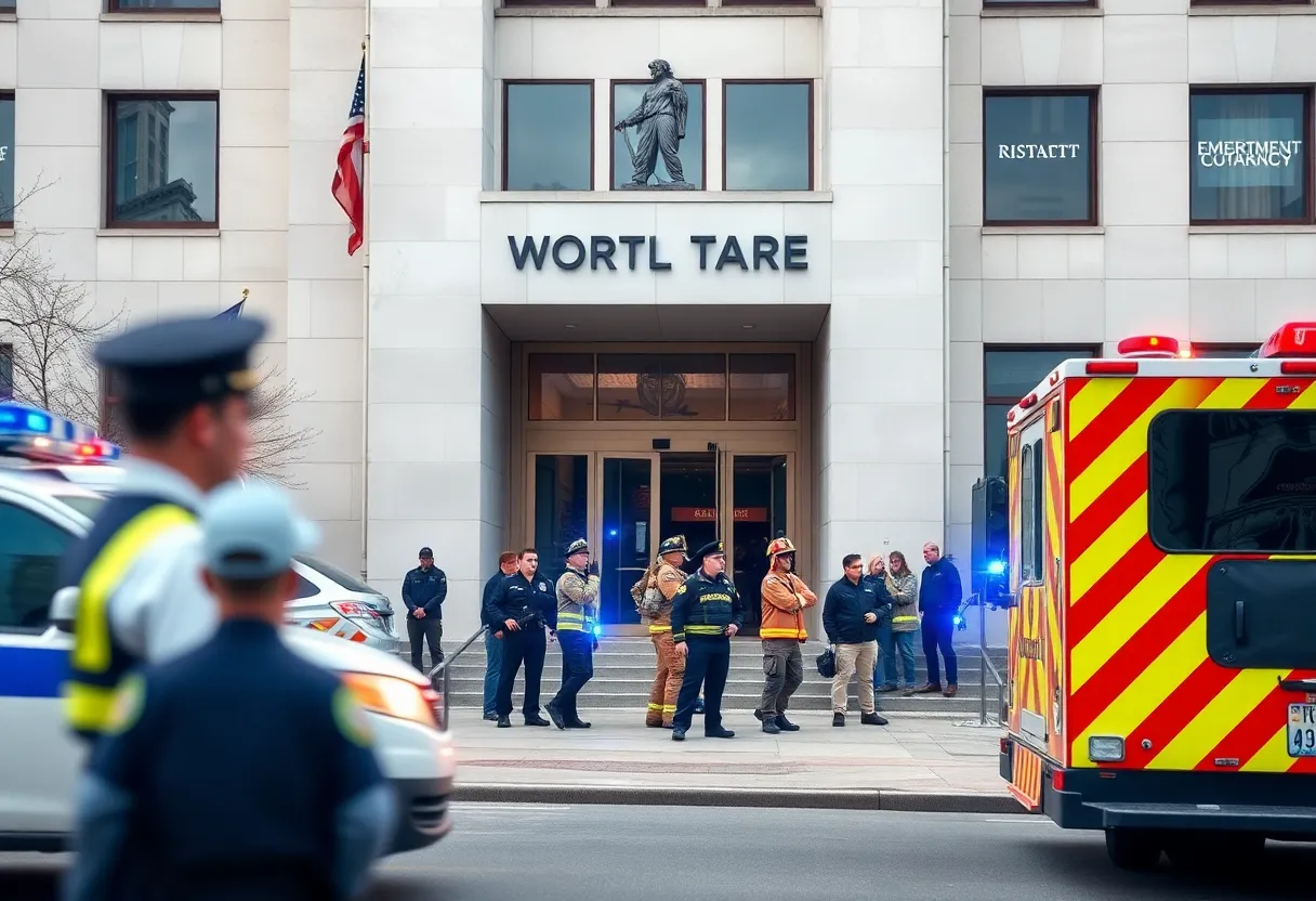Emergency responders outside a government building during a bomb threat incident