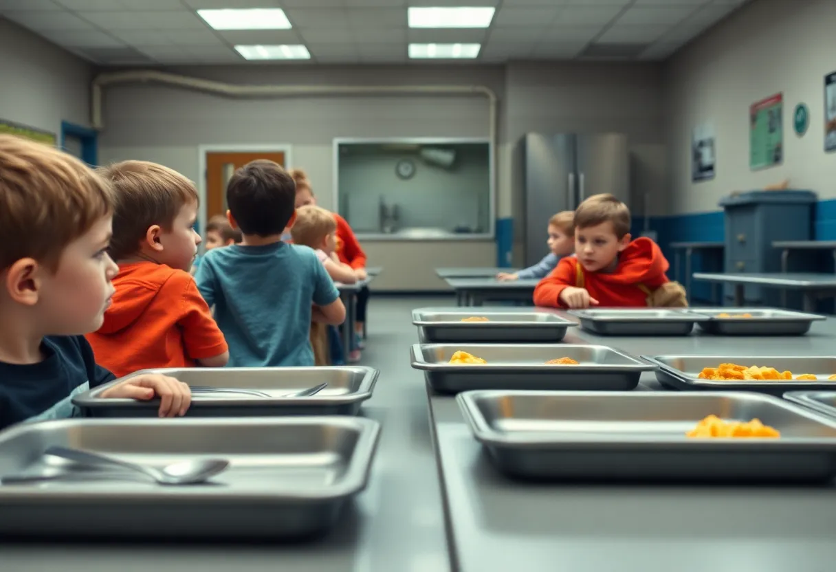 Empty school cafeteria highlighting funding concerns