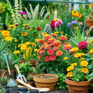 An array of colorful plants and gardening tools in a botanical setting.